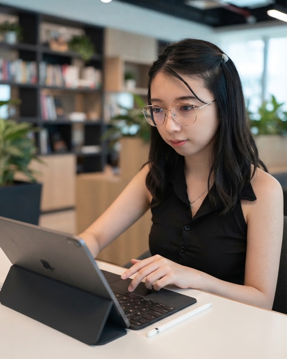 Mahasiswi mengerjakan tugas di laptop dengan asistensi Tukul Solution